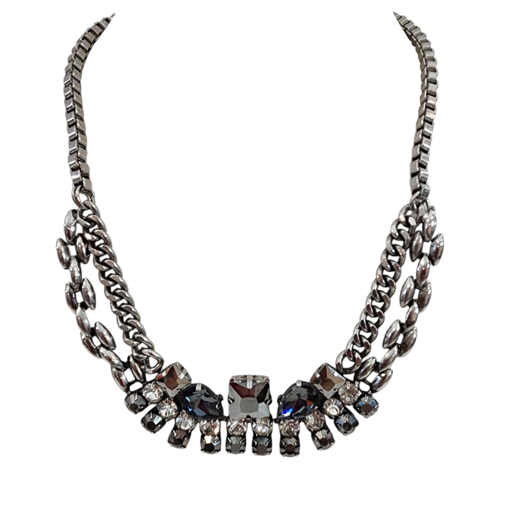 LOFT art deco statement necklace rhinestones thick box chain grey silver
